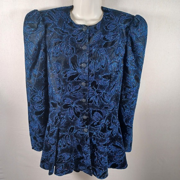 Scott McClintock Vtg Floral Shimmer Button Front Long Sleeve Peplum‎ Party Dress